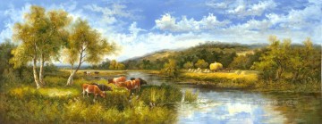 150の主題の芸術作品 Painting - のどかな田園風景 農地風景 牛 0 415